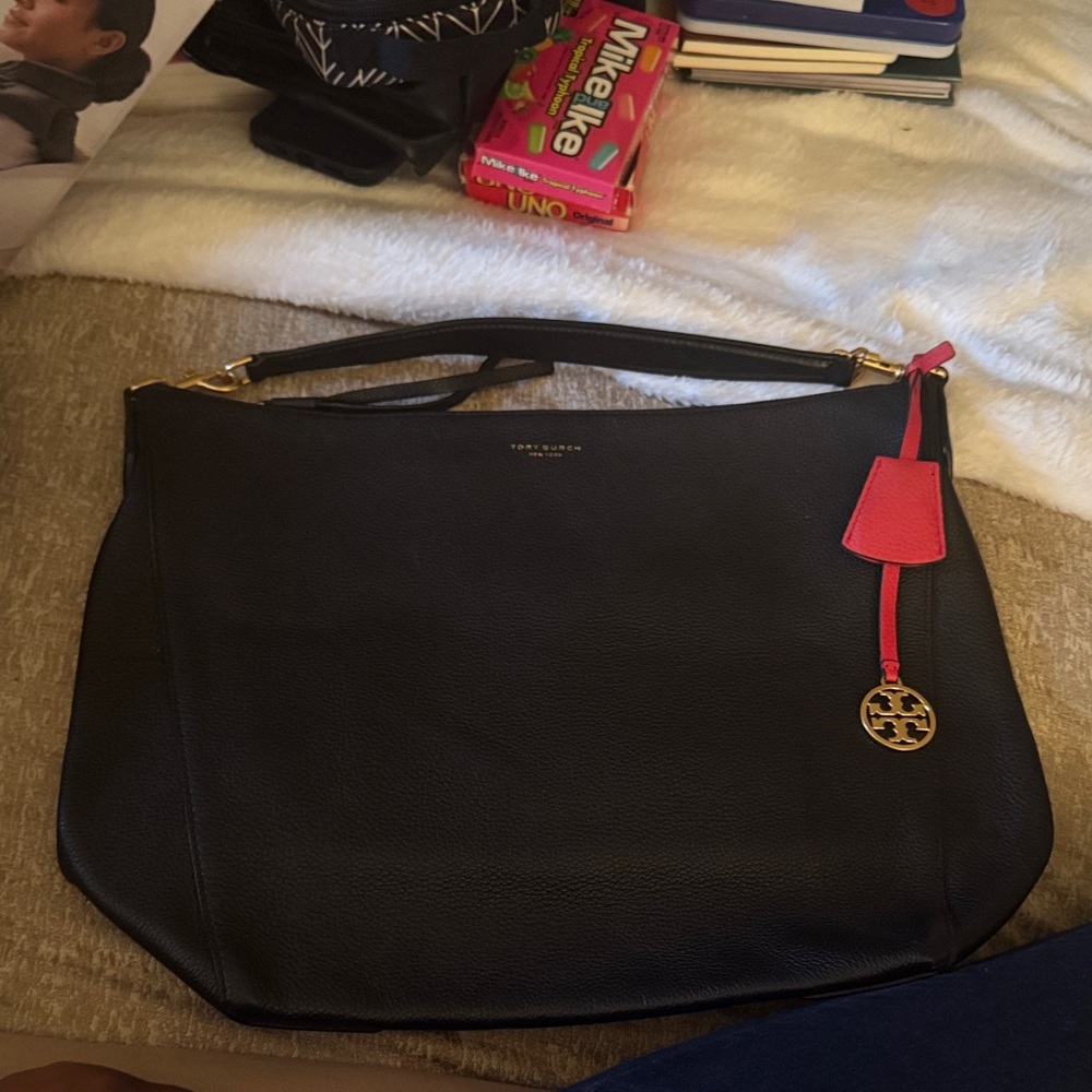 Tory Burch Black Leather Shoulder Bag with Pink Tag and Gold Charm